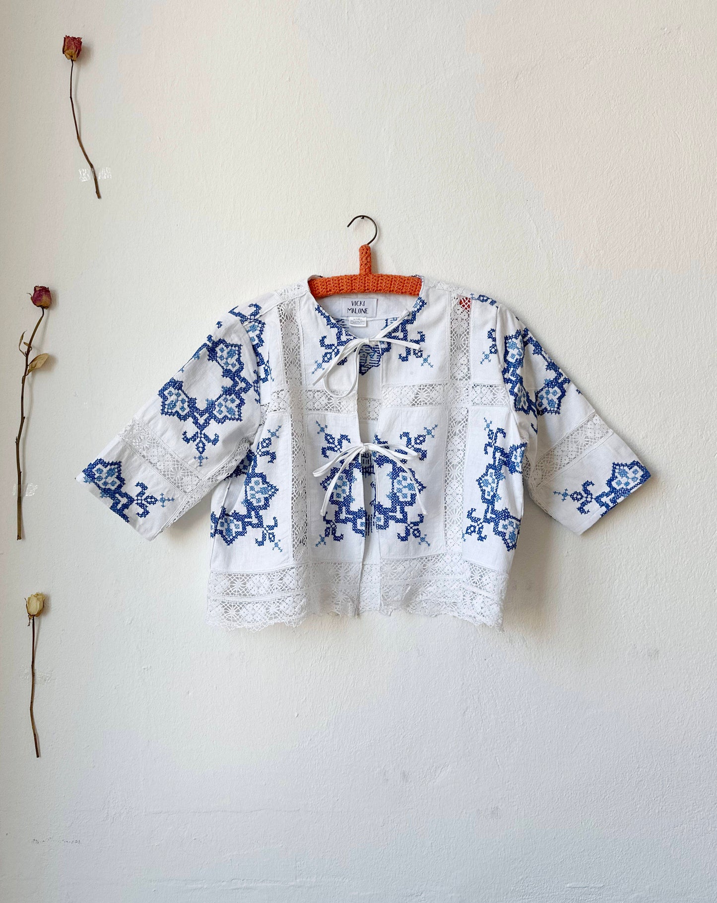 Beth Blouse - Blue and White Upcycled Lace with Ties