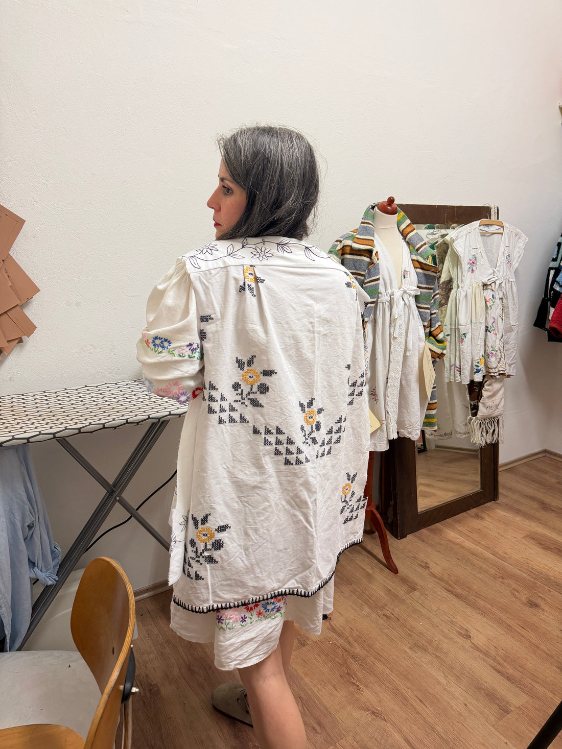 Vicki wears the shirt that is a work in progress