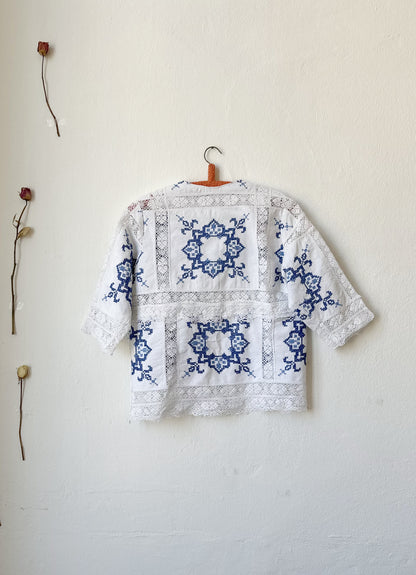 Beth Blouse - Blue and White Lace Button