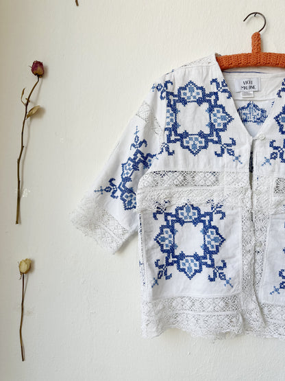Beth Blouse - Blue and White Lace Button