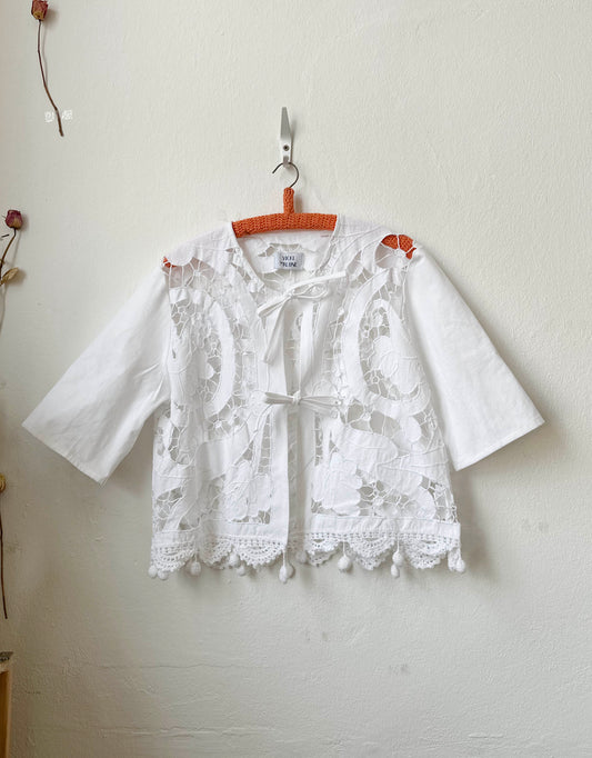 Handmade vintage lace blouse with pom pom hem detail, short sleeves, made from a Bologna thrift store curtain