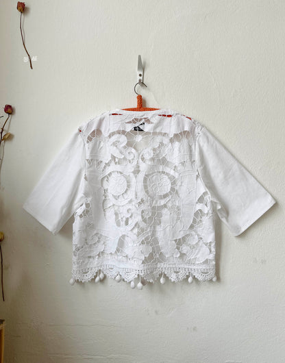 Handmade vintage lace blouse with pom pom hem detail, short sleeves, made from a Bologna thrift store curtain