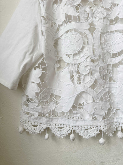 Handmade vintage lace blouse with pom pom hem detail, short sleeves, made from a Bologna thrift store curtain