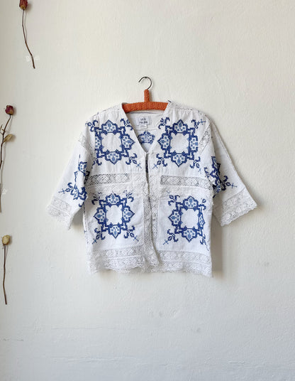 Beth Blouse - Blue and White Upcycled Lace with Buttons