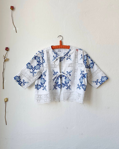Beth Blouse - Blue and White Upcycled Lace with Ties