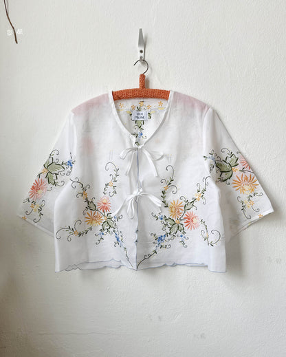 Handmade sheer vintage embroidered floral blouse with short sleeves, made from a Scottish antique market tablecloth