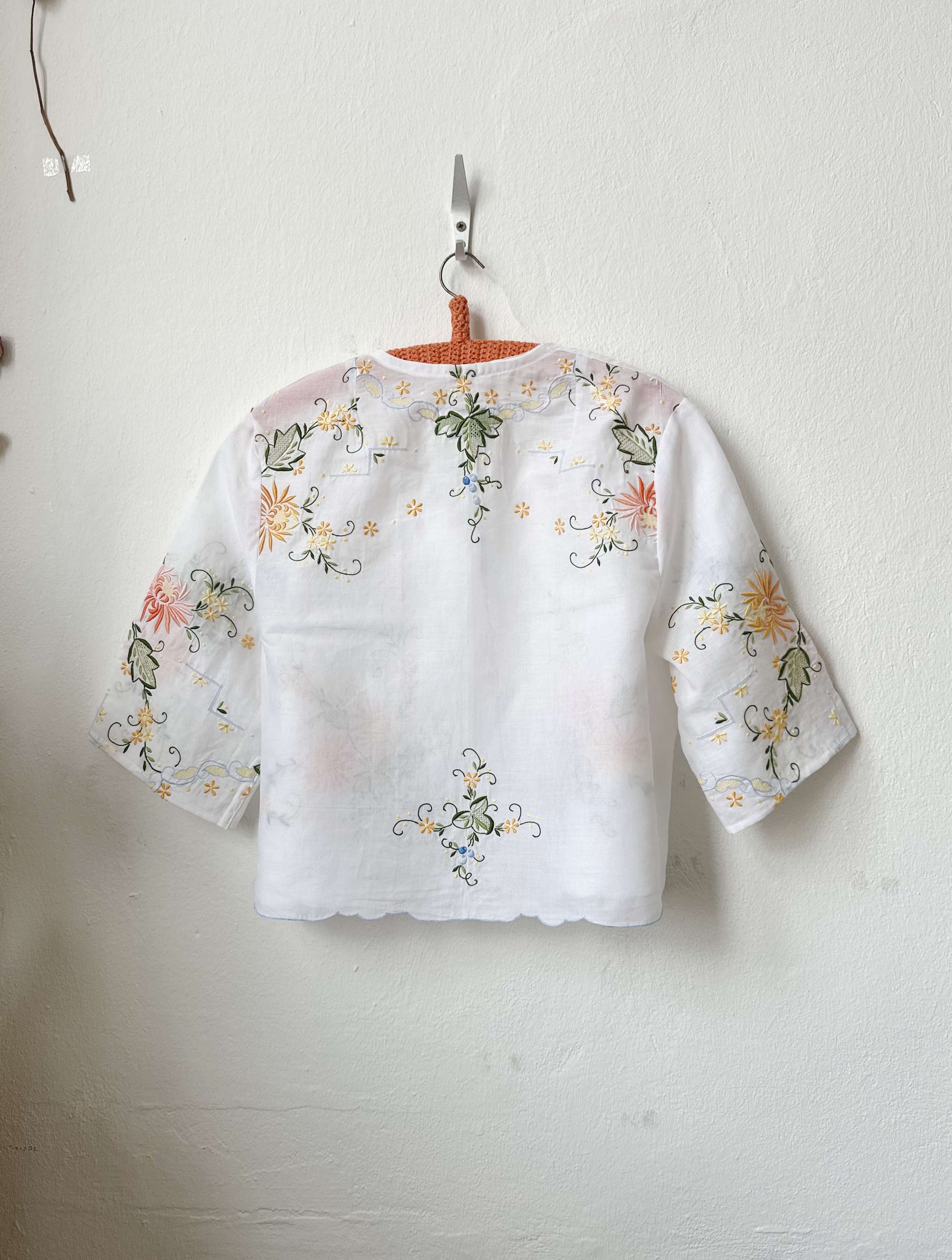 Handmade sheer vintage embroidered floral blouse with short sleeves, made from a Scottish antique market tablecloth