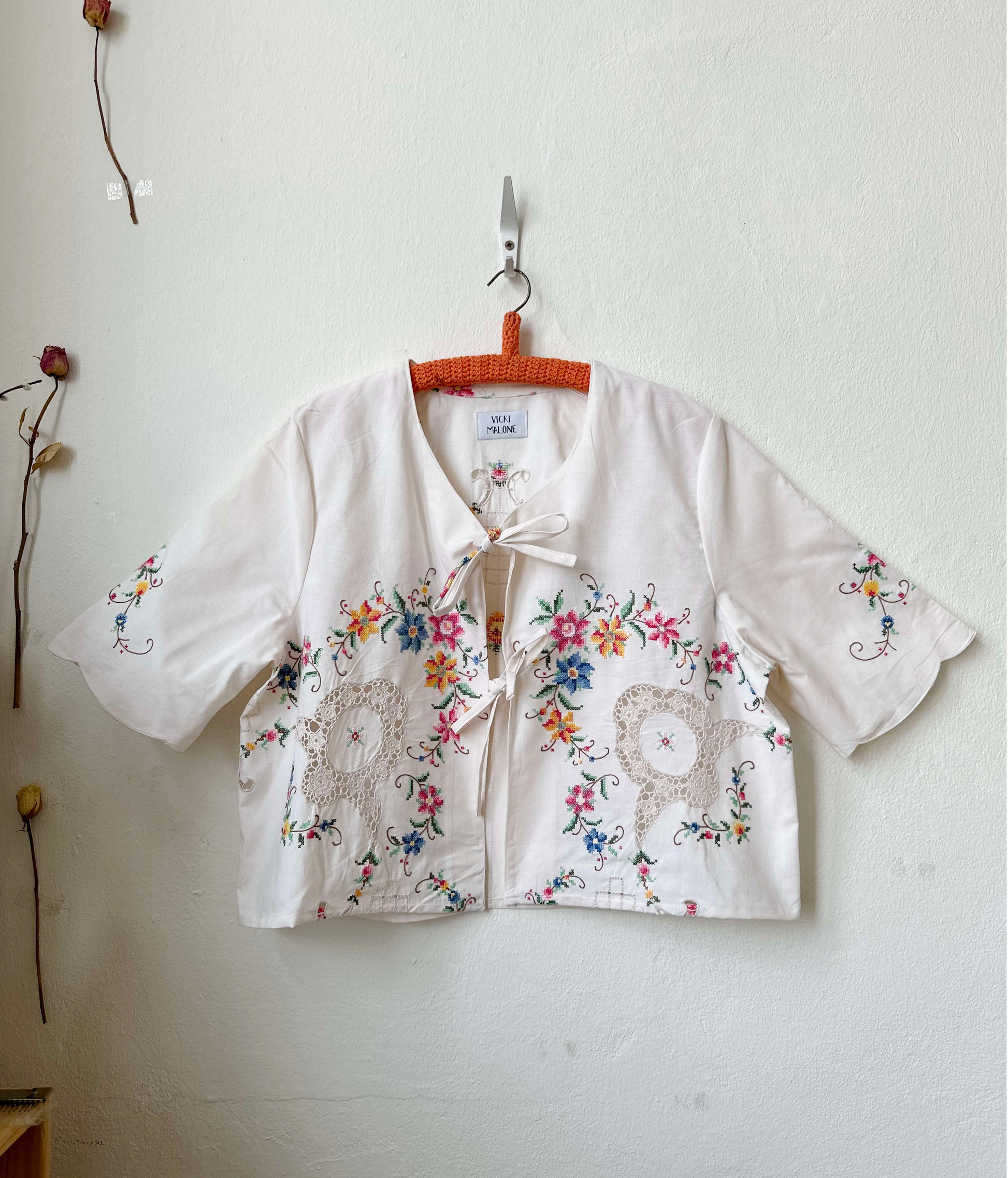 Handmade short sleeve vintage pink cross stitch embroidered lace blouse, made from a Rome flea market tablecloth
