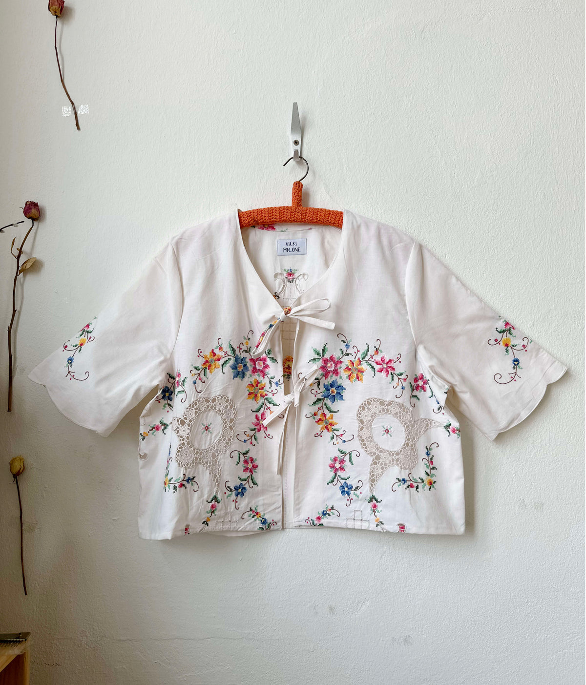 Handmade short sleeve vintage pink cross stitch embroidered lace blouse, made from a Rome flea market tablecloth
