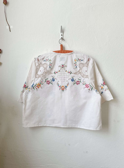 Handmade short sleeve vintage pink cross stitch embroidered lace blouse, made from a Rome flea market tablecloth
