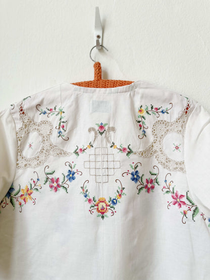 Handmade short sleeve vintage pink cross stitch embroidered lace blouse, made from a Rome flea market tablecloth
