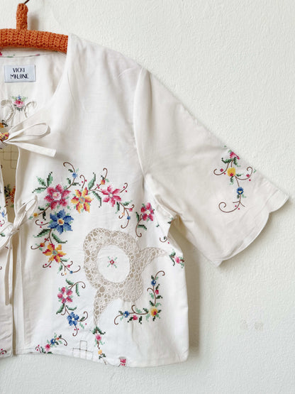 Handmade short sleeve vintage pink cross stitch embroidered lace blouse, made from a Rome flea market tablecloth
