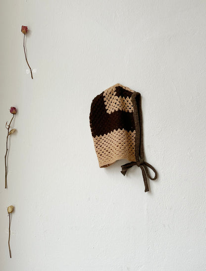 Beige and brown crochet bonnet