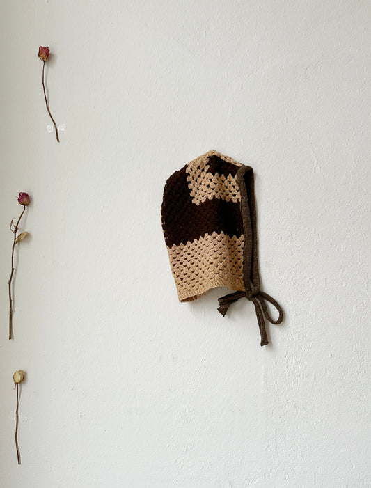 Beige and brown crochet bonnet